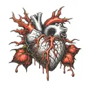 Silver Realistic Human Heart, bleeding, wrapped in thorns, bloody, Black red, veins Vessels, Aorta valve, dripping blood tattoo design idea