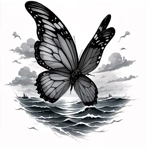 sleeve butterfly flying with ocean scene tattoo design idea