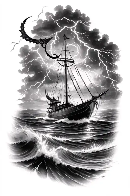 all black and grey tattoo with a stormy night over ocean, poseidons trident, lightning, boat in water, Poseidons face tattoo design idea