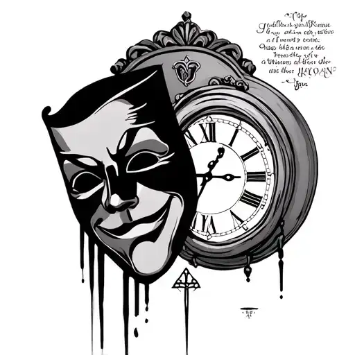 One happy and one sad theater mask, faded into a grandfather clock, with a quote, and a trinity symbol tattoo design idea