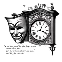 One happy and one sad theater mask, faded into a grandfather clock, with a quote, and a trinity symbol tattoo design idea