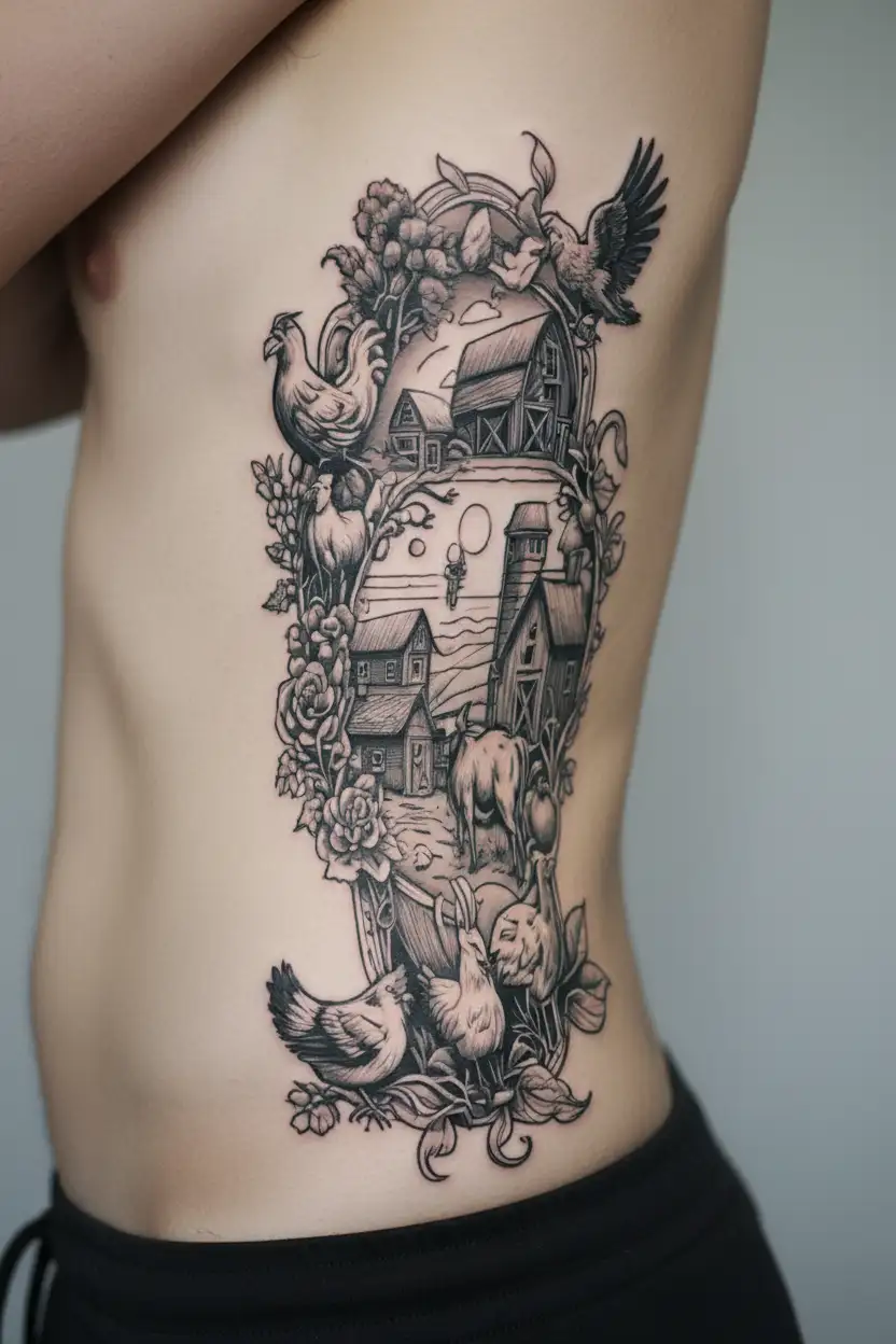 farm elements scattered tattoo design idea