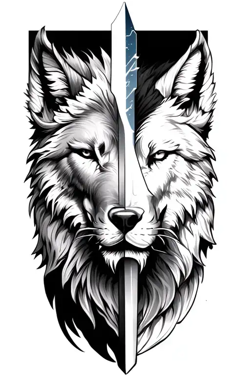 Make forearm tattoo with half lion half wolf with sword or arrow in between them tattoo design idea
