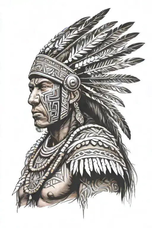 indigenous brazilian warrior with headdress tattoo design idea