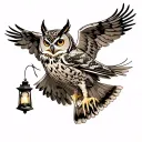 Flying great horned owl with lantern shining light tattoo design idea
