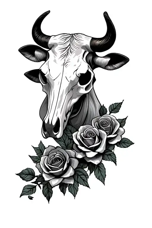 bull and cow skull with roses tattoo design idea