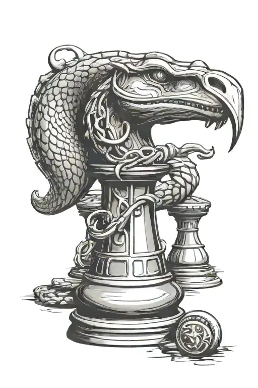Rook chess piece with snake wrapped round on rook chess peice it says D.F.Q. tattoo design idea