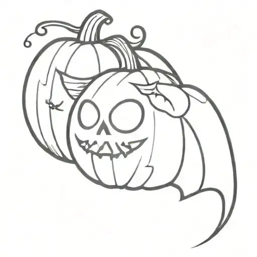 pumpkin with skull heart eyes bat flying over head tattoo design idea