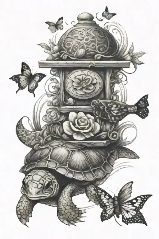 patience with turtle and butterfly tattoo design idea