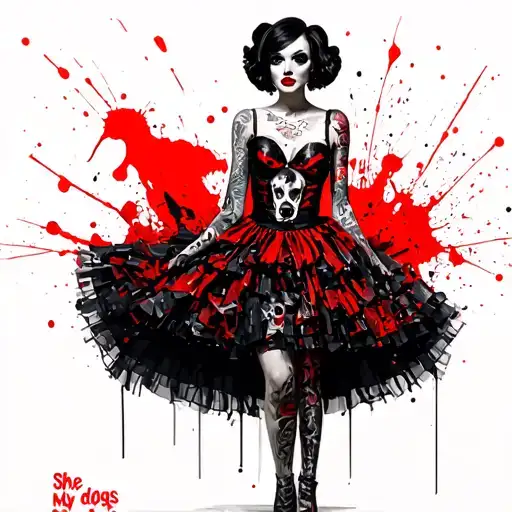 Cruella by Emma Stone. full body dress. Rock concert style. Bottom title: "She killed my dogs".Dogs background tattoo design idea