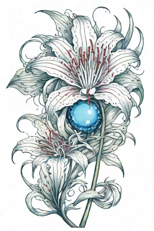 spider lily flower with a blue eye in the center of it and the stem creating a cursive K tattoo design idea