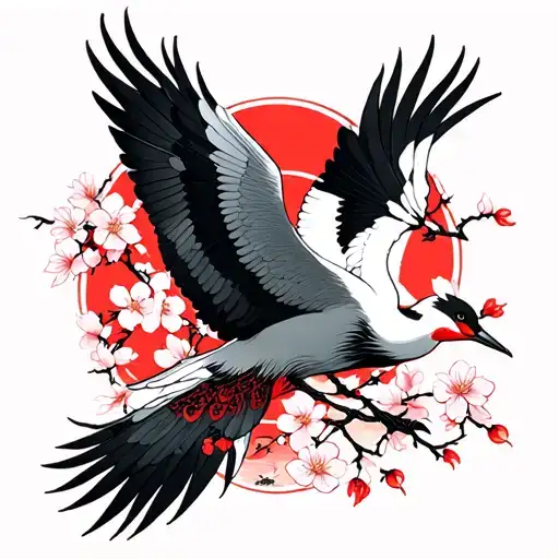 black and grey flying crane with cherry blossoms tattoo design idea