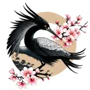 black and grey flying crane with cherry blossoms tattoo design idea