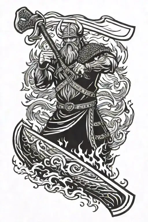blackwork style tattoo of a viking holding an ax with a boat in the background on fire on the entire side of the arm tattoo design idea