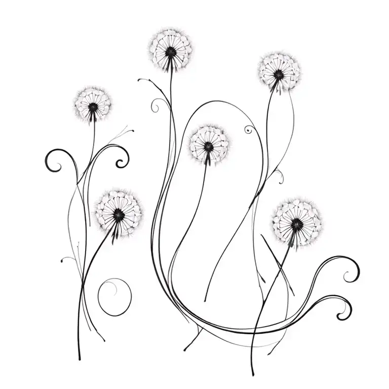 dandelions with flows swirly vines in L shape outline tattoo design idea