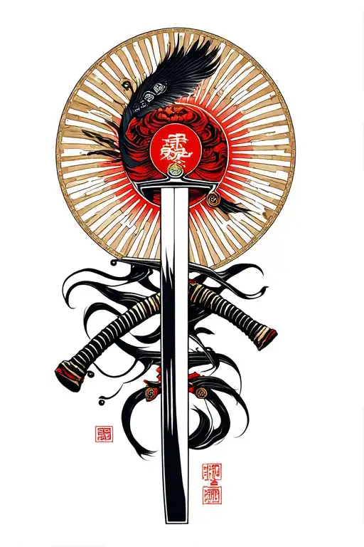 katana, Japanese sun, Shinto shrine tattoo design idea