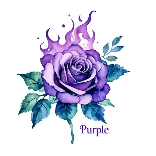 the word "Purple" with fire purple rose tattoo design idea