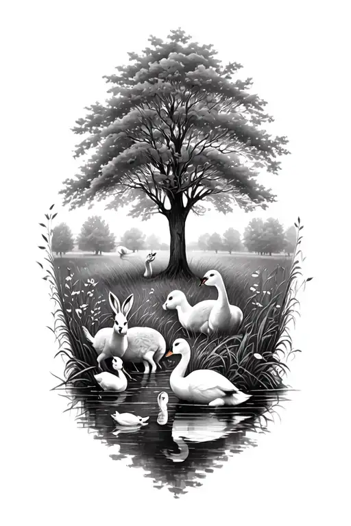 Large drawing that is longer vertically of a meadow and trees and creaks and baby deer and rabbits and swans and ducks  tattoo design idea
