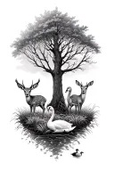 Large drawing that is longer vertically of a meadow and trees and creaks and baby deer and rabbits and swans and ducks  tattoo design idea