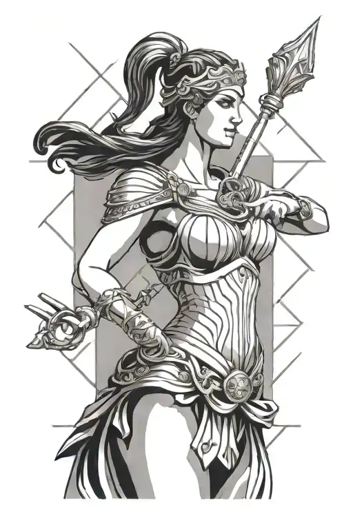 athena greek goddess holding sword and scale balanced tattoo design idea