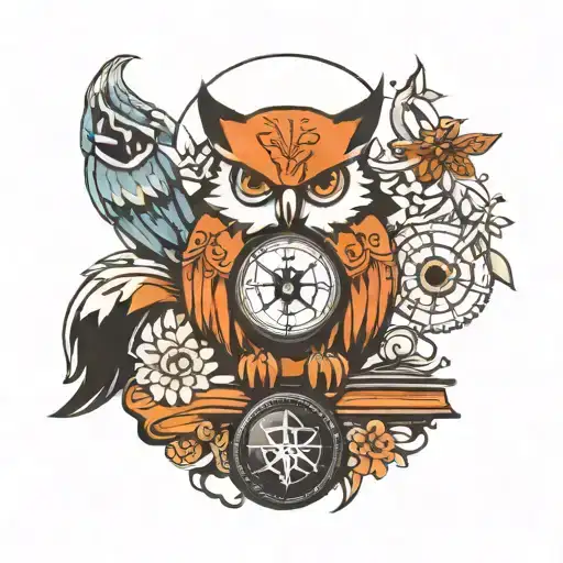 fox owl books compass snowflake tattoo design idea