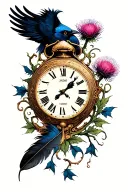 dali melting clock with thistle vines and crow feather tattoo design idea