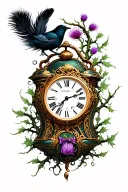 dali melting clock with thistle vines and crow feather tattoo design idea