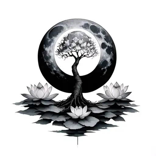 triple moon on lotus blossums. middle moon to have a tree with tree roots showing. half moons facing out on each side tattoo design idea