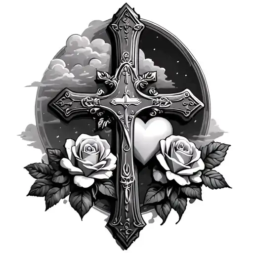 Christian Cross with roses, clouds surrounding, time, roulette, heart  tattoo design idea