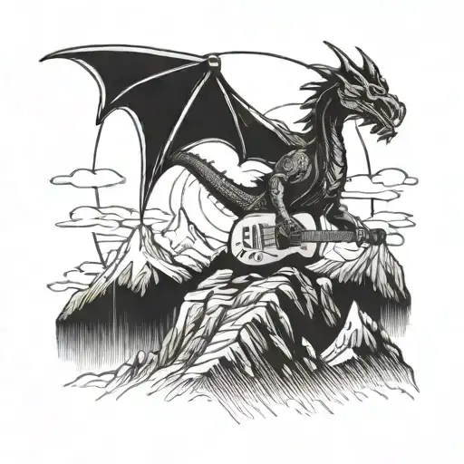 A dragon playing a guitar on top of a mountain peak tattoo design idea