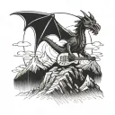 A dragon playing a guitar on top of a mountain peak tattoo design idea