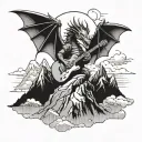 A dragon playing a guitar on top of a mountain peak tattoo design idea
