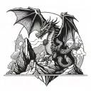 A dragon playing a guitar on top of a mountain peak tattoo design idea