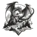A dragon playing a guitar on top of a mountain peak tattoo design idea