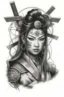 female samurai with st. peters cross on the forehead, eyes with mangekyo sharingan tattoo design idea