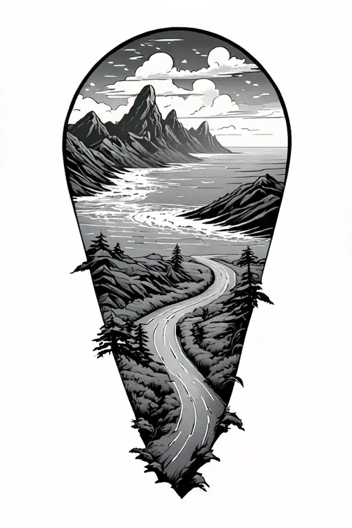 a road winding surrounded by ocean and mountains inside tattoo design idea
