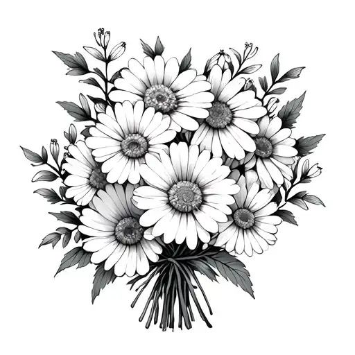 delphinium honey suckle and daisy bouquet tied together fine line tattoo design idea
