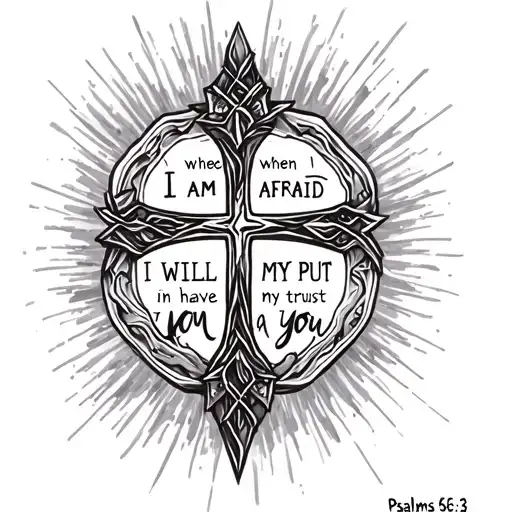 Psalms 56:3 which says "when I am afraid, I will put my trust in You" and have a cross in the background. tattoo design idea