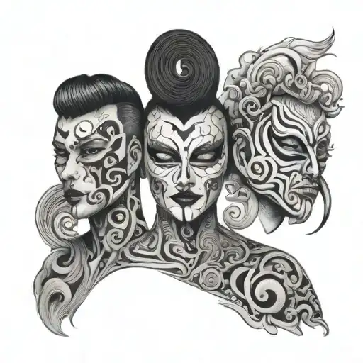a featureless face hidden beneath two mask one happy and one calm tattoo design idea