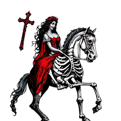 crying grey princess on the skeleton horse with death with cross in the hand,all in grey and red colors tattoo design idea