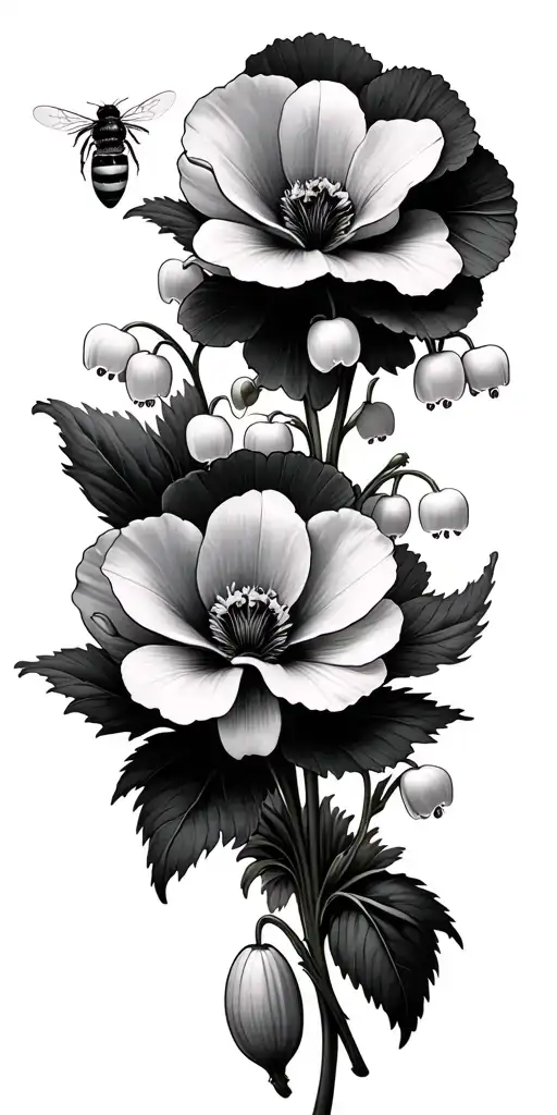 lily of the valley, poppies blooming, honey bees, honey comb background tattoo design idea