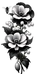 lily of the valley, poppies blooming, honey bees, honey comb background tattoo design idea