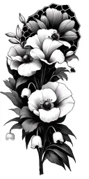 lily of the valley, poppies blooming, honey bees, honey comb background tattoo design idea