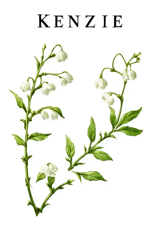 Lily of the valley and thorn shrub hawthorn flower and the name "KENZIE" in cursive tattoo design idea