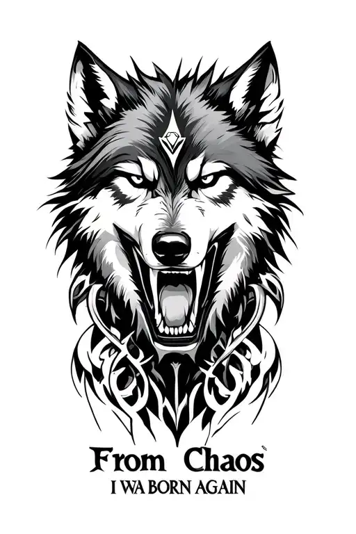 "From chaos, I was born again" a wolf showing the teeth and a male warrior that his head began on the teeth of the wolf and tribal designs tattoo design idea