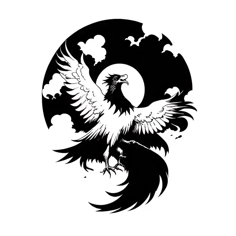 A phoenix rising. Behind the phoenix, a faint sun breaking through clouds tattoo design idea