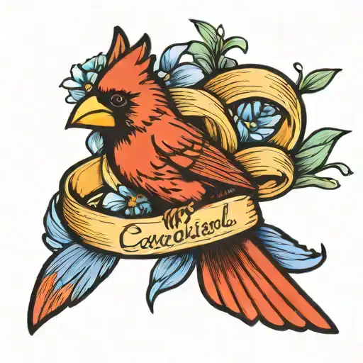 cardinal inside gold awareness ribbon with blue lily on the right side tattoo design idea