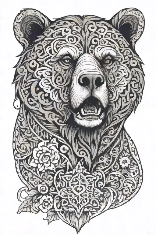 Mor'du bear from Brave, in a anglosaxon style (paganic) vril, majestic and determined tattoo design idea