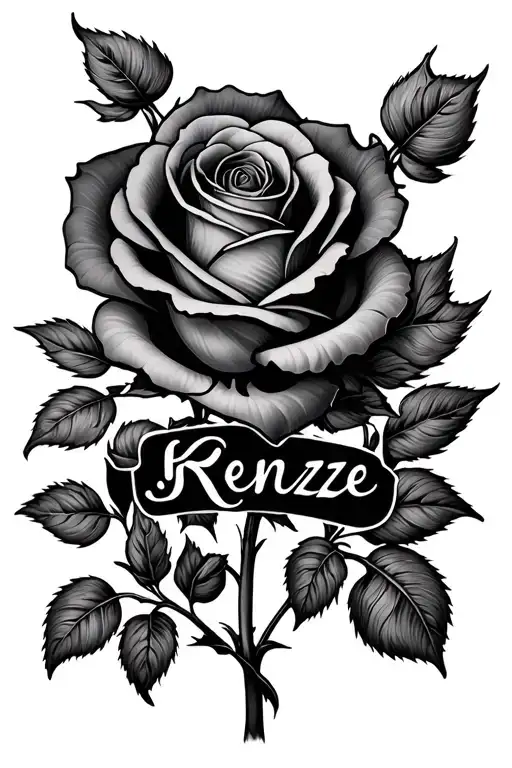 rose with name Kenzie rose intertwined with another rose tattoo design idea