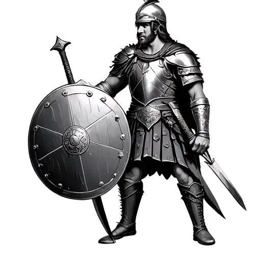 Roman soldier wearing boots, breastplate and helmet holding a sword and shield. tattoo design idea